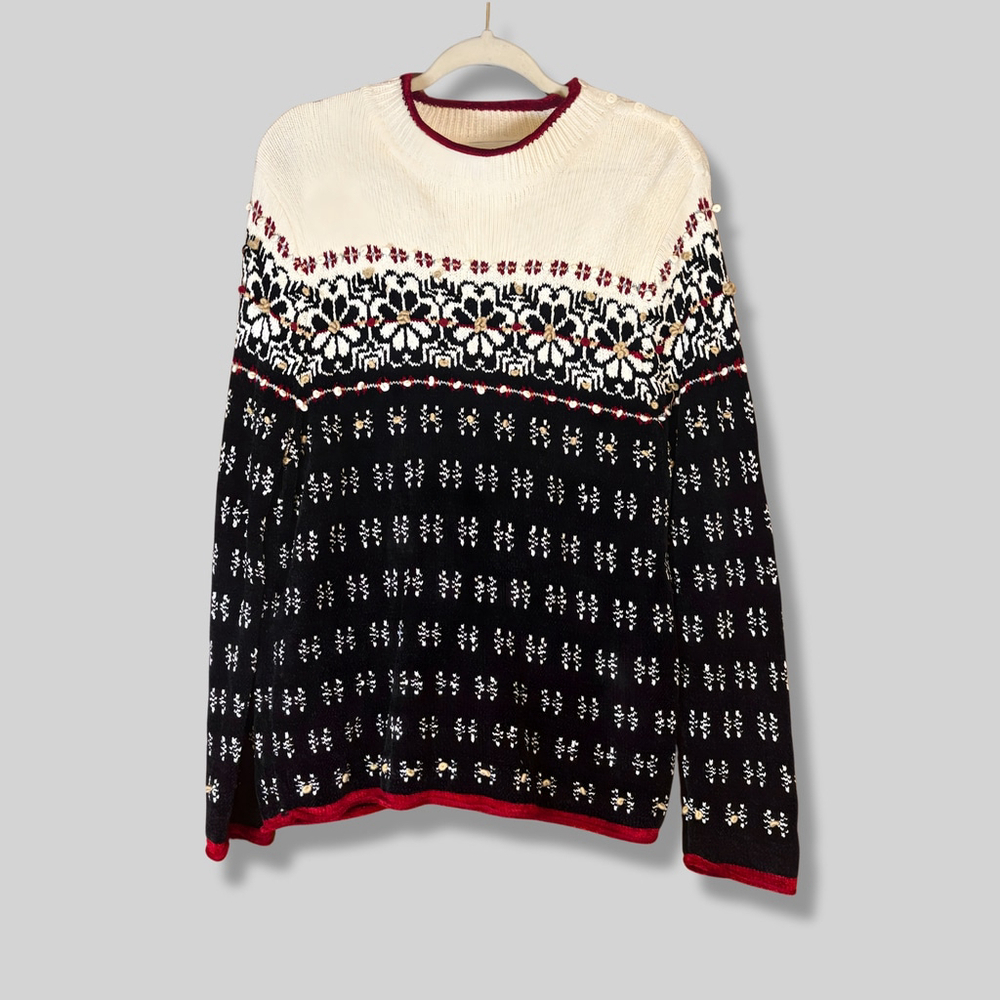 Hampshire Studio Pullover Sweater Ribbed Fair Isle-Inspired Floral Multicolor L